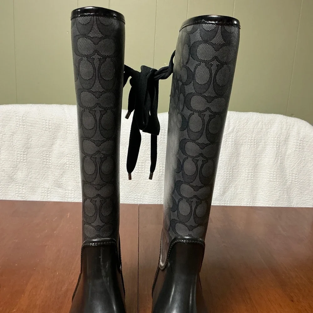 Coach Tristee Rain Boots Black Signature Monogram Lace Up Tall Women 9B A0011